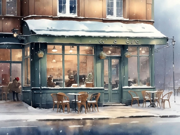 A painting of a vintage cafe exterior