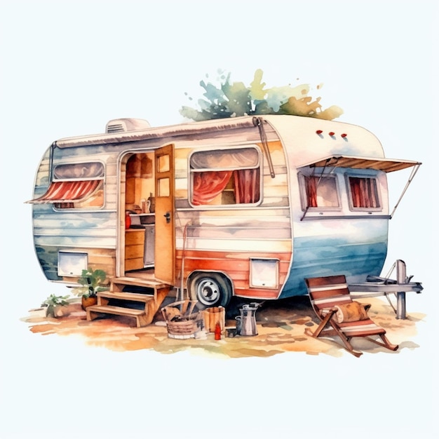 A painting of a vintage camper trailer with a dog sitting on the ground generative ai