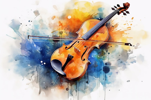 Painting of violin and bow on a colorful abstract watercolor background Music concept