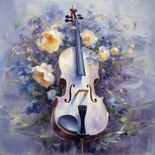 Painting of a violin and flowers on a blue background generative ai