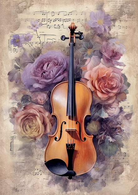 painting of a violin and roses on a sheet music sheet generative ai