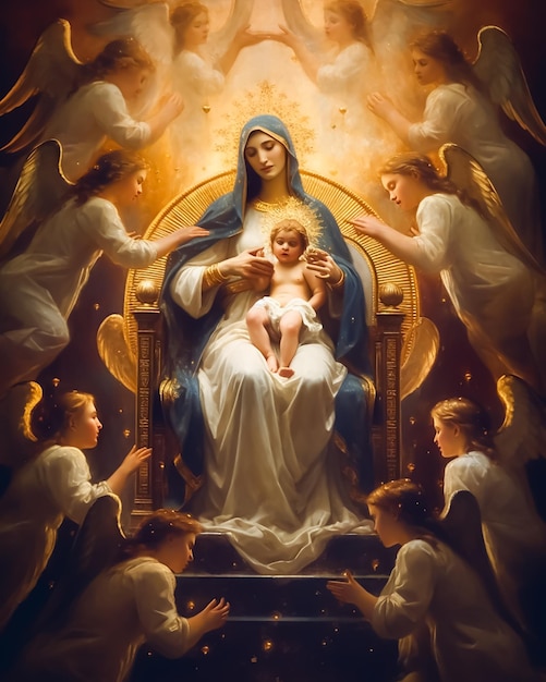 A painting of a virgin and child with angels on the top