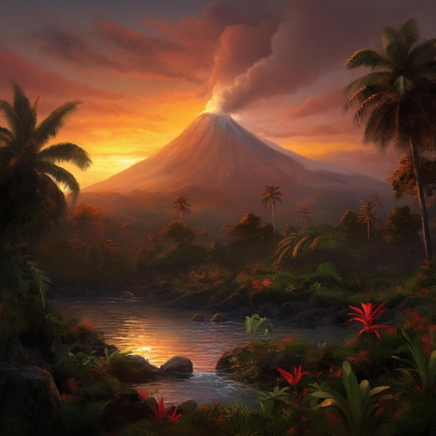 Painting of a volcano in the distance with a river running through it generative ai