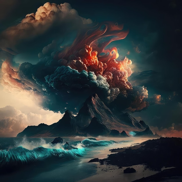 A painting of a volcano with a dark sky and a volcano in the background.
