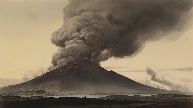 A painting of a volcano with smoke coming out of it