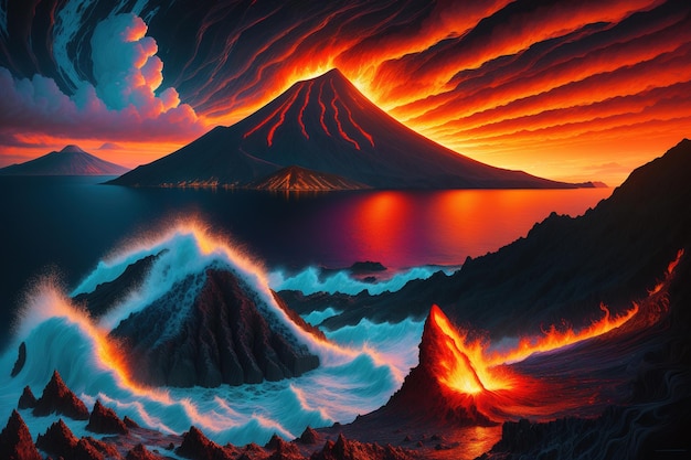 A painting of a volcano with a volcano in the background