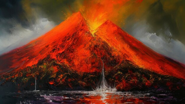 Photo a painting of a volcano with a waterfall coming out of it.