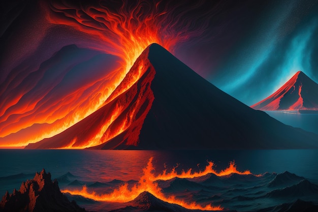 A painting of a volcano with the words volcano on the bottom