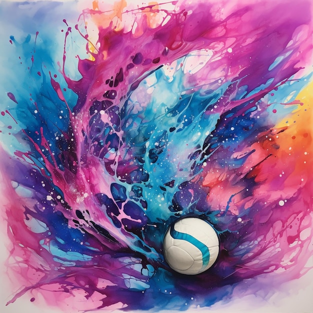 Рисование волейбольного мяча в красочном водовороте краски генеративный ИИ