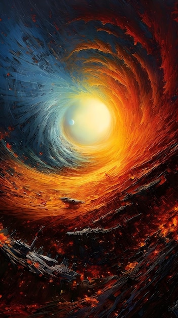 A painting of a vortex with a blue and orange circle and the sun in the middle.