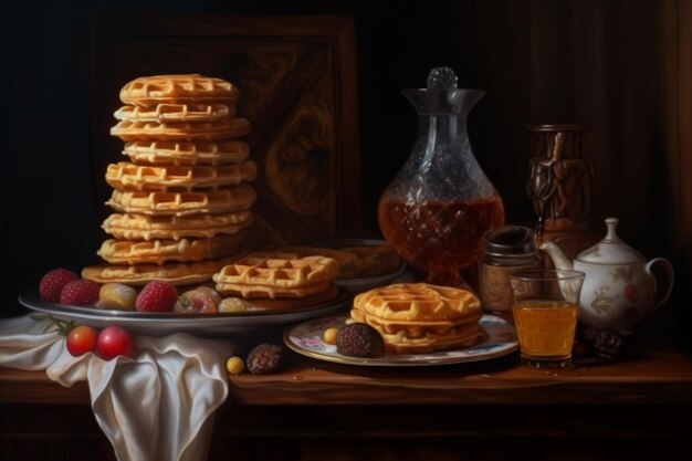 A painting of waffles and a jug of syrup.