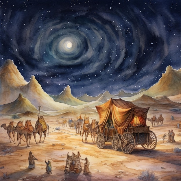 Painting of a wagon with people and camels in a desert generative ai