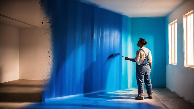 Photo painting wall blue in an empty room