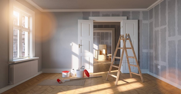 写真 修復または改修の前後の部屋の壁を灰色に塗る