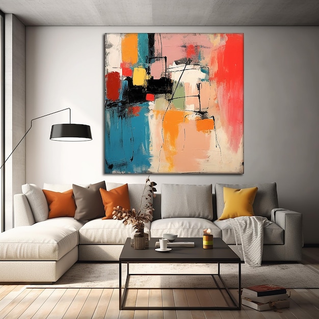 a painting on a wall is hanging above a couch.