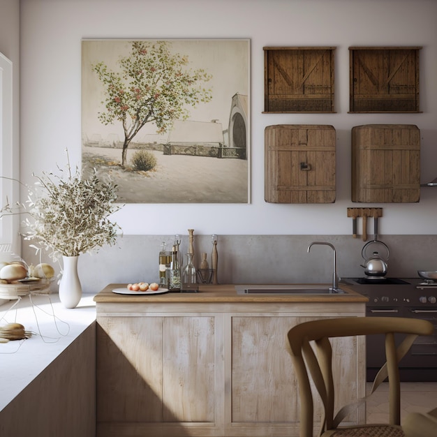 A painting on the wall of a kitchen with a tree on it.