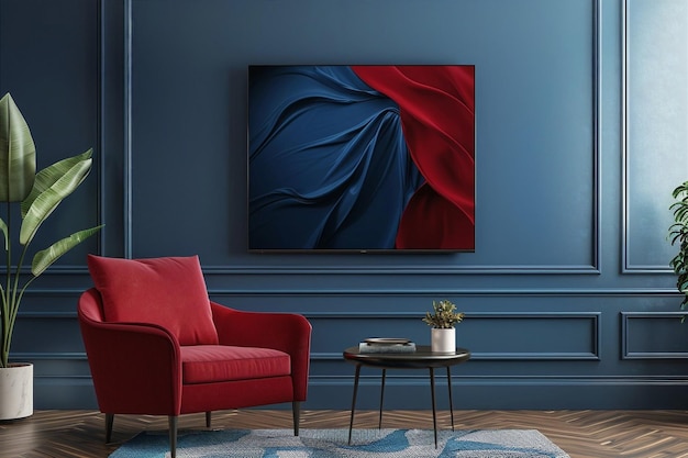 a painting on a wall with a red chair and a table in front of it