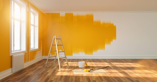 Painting wall yellow in room of apartment after relocation with ladder and paint bucket