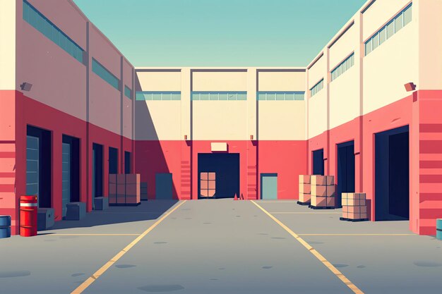 Photo a painting of a warehouse with barrels in the middle