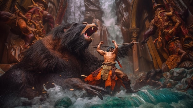 A painting of a warrior and a bear