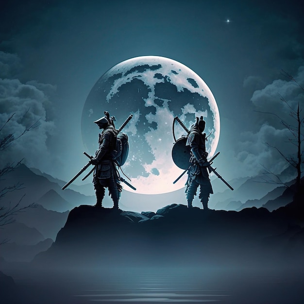 A painting of a warrior with a full moon in the background.