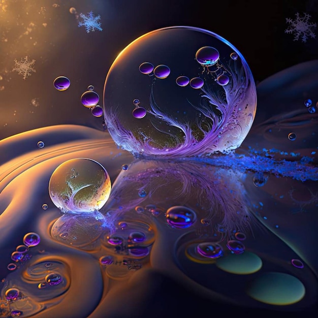 A painting of a water droplet with a purple background and snowflakes.