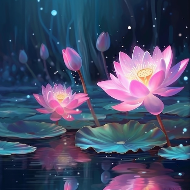 A painting of water lilies in the dark