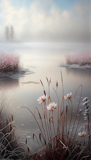 A painting of water lilies in a foggy pond