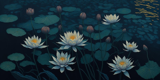 A painting of water lilies in a pond with a blue background.