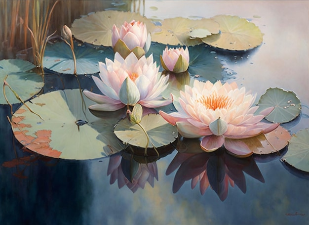 A painting of water lilies in a pond with the word lotus on it.