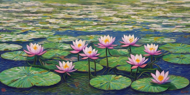 A painting of water lilies in a pond