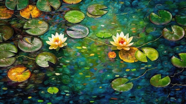 A painting of water lilies in a pond