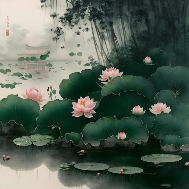 A painting of water lilies with a chinese house in the background.