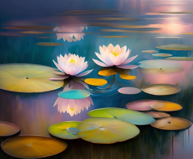 A painting of water lilies with the word lotus on it