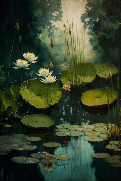 Painting of water lillies and lily pads in a pond generative ai