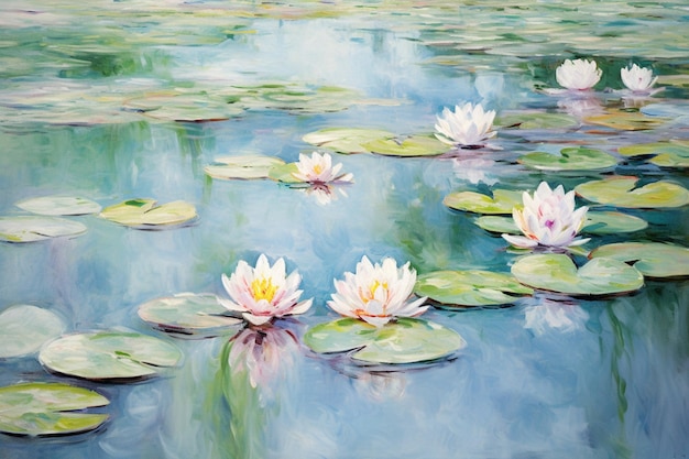 Картина водяных лилий в пруду на фоне неба генеративный ай
