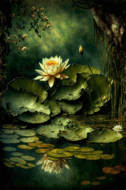 Painting of a water lily in a pond generative ai