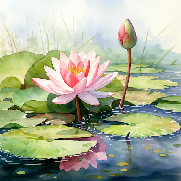 painting of a water lily in a pond with green leaves generative ai