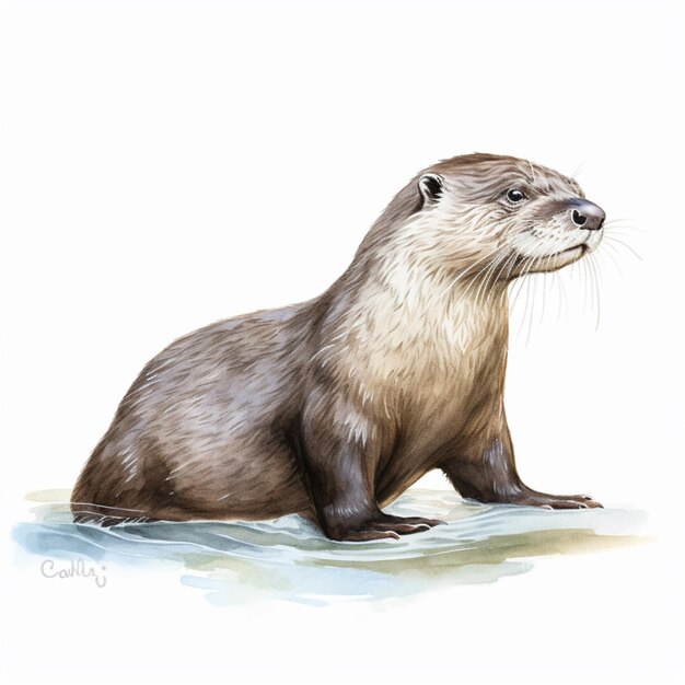 Painting of a water otter sitting on the ground looking up generative ai