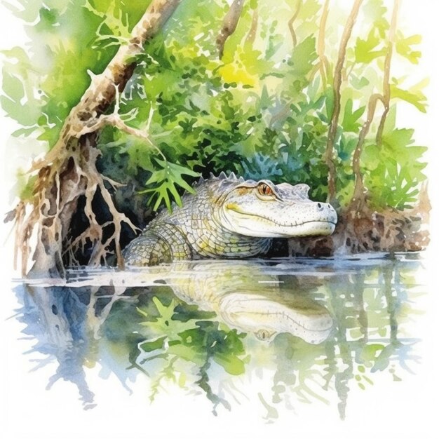 Foto dipinto ad acquerello di un coccodrillo nell'acqua generativo ai