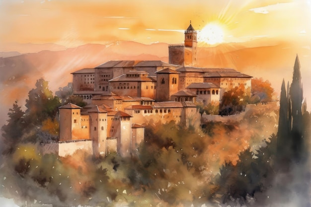 Painting of a watercolor drawing of the Alhambra in Granada