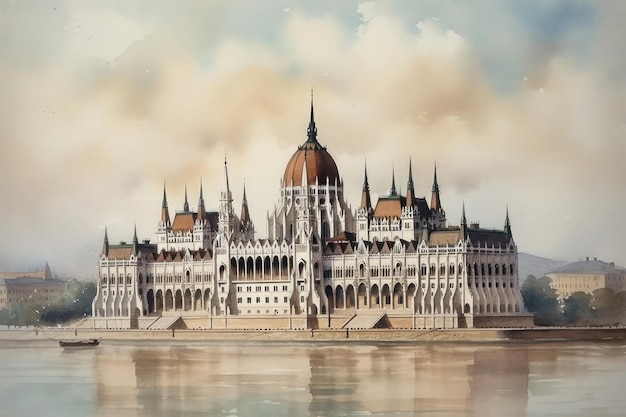 Painting of a watercolor drawing of the budapest parliament