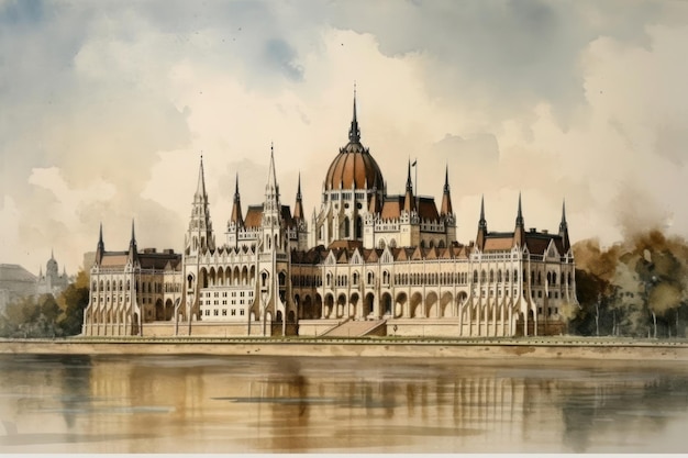 Painting of a watercolor drawing of the budapest parliament