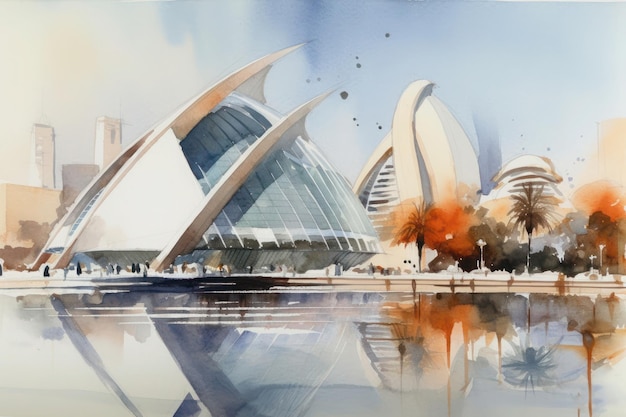 Painting of a watercolor drawing of the City of Arts and Sciences in Valencia