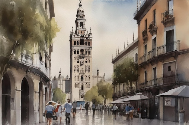 Painting of a watercolor drawing of the Giralda in Seville