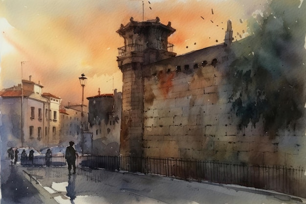 Painting of a watercolor drawing of The wall of Lugo at sunset