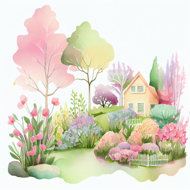 Painting watercolor landscape beautiful spring nature background