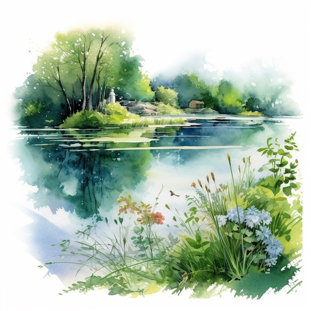 painting of a watercolor landscape with a pond and trees generative ai