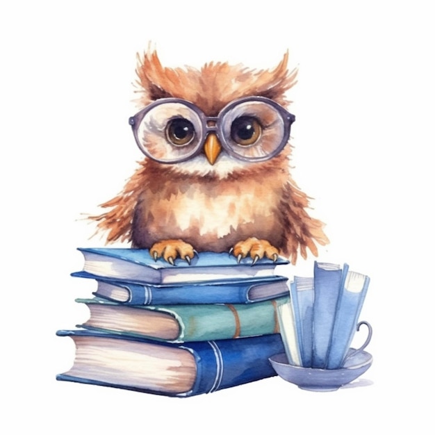 A painting of a watercolor owl sitting on a stack of books generative ai