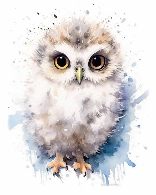 Painting of a watercolor owl with a big yellow eye generative ai
